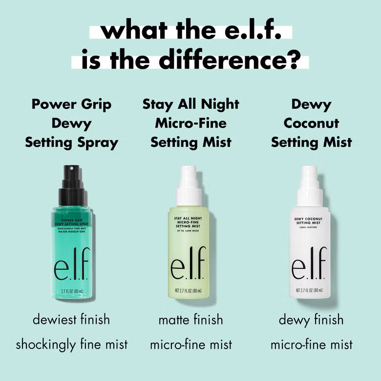 Comparison of e.l.f. setting sprays including Power Grip Dewy, Stay All Night and Dewy Coconut