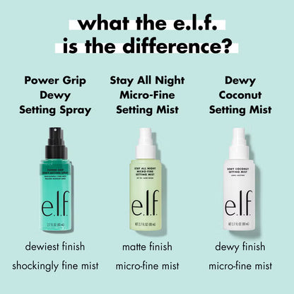 Comparison of e.l.f. setting sprays including Power Grip Dewy, Stay All Night and Dewy Coconut