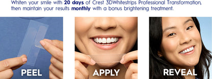 Crest 3D Whitestrips peel, apply, and reveal routine with maintenance text