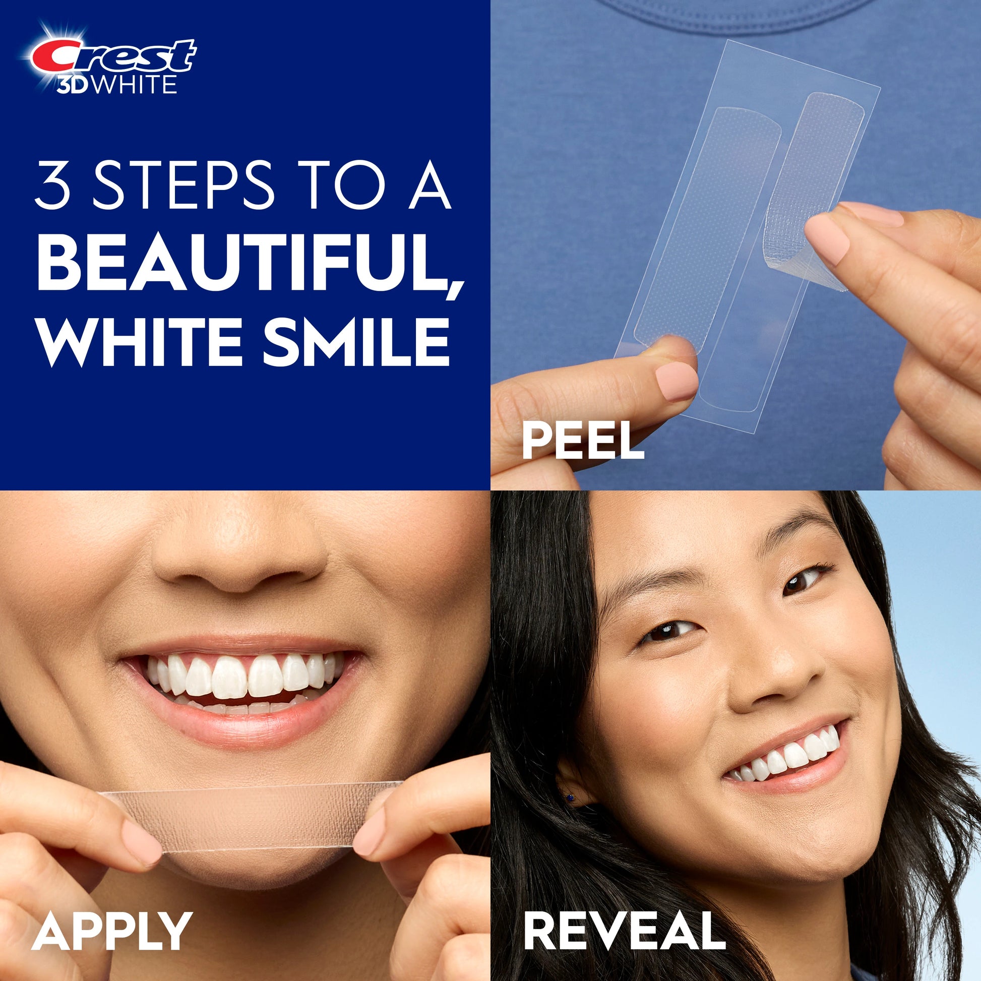 Crest 3D Whitestrips peel, apply, and reveal step-by-step guide