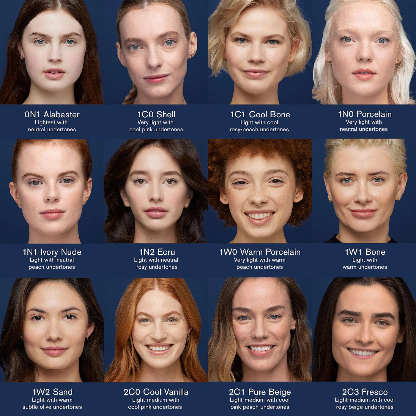 Estée Lauder Double Wear Foundation light shade guide showing Alabaster, Shell, Cool Bone, Porcelain, Ivory Nude, Ecru, Warm Porcelain, Bone, Sand, Cool Vanilla, Pure Beige, and Fresco