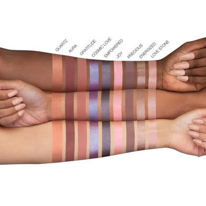 HUDA BEAUTY Rose Quartz Eyeshadow Palette swatches across light, medium and deep skin tones.
