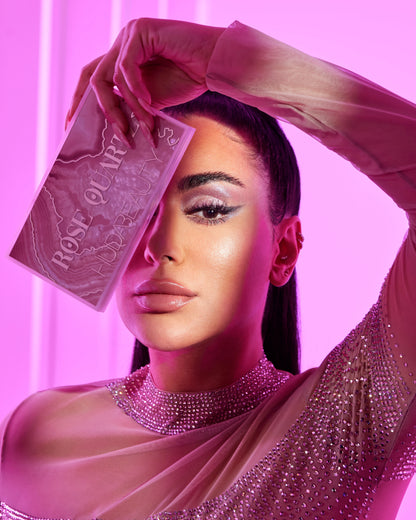HUDA BEAUTY Rose Quartz Eyeshadow Palette with shimmering pink and purple eye makeup look.