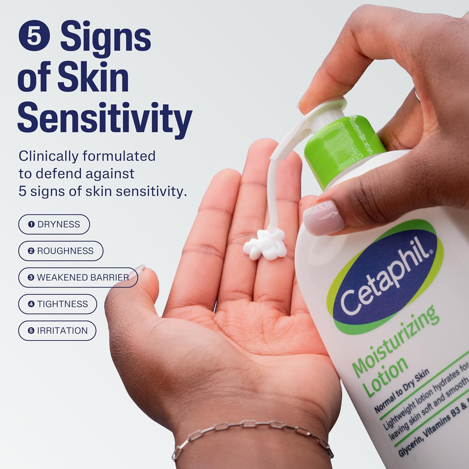 Hand dispensing Cetaphil Moisturizing Lotion with skin sensitivity benefits text