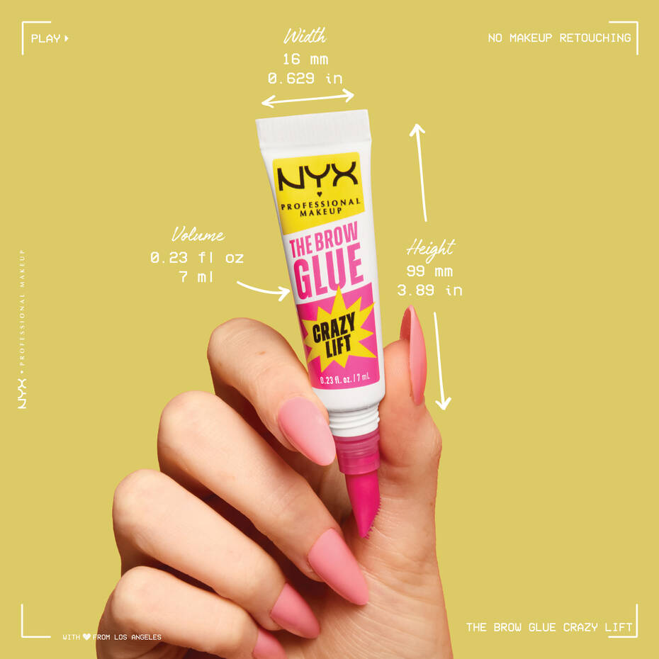 Hand holding NYX The Brow Glue Crazy Lift with size details on yellow background