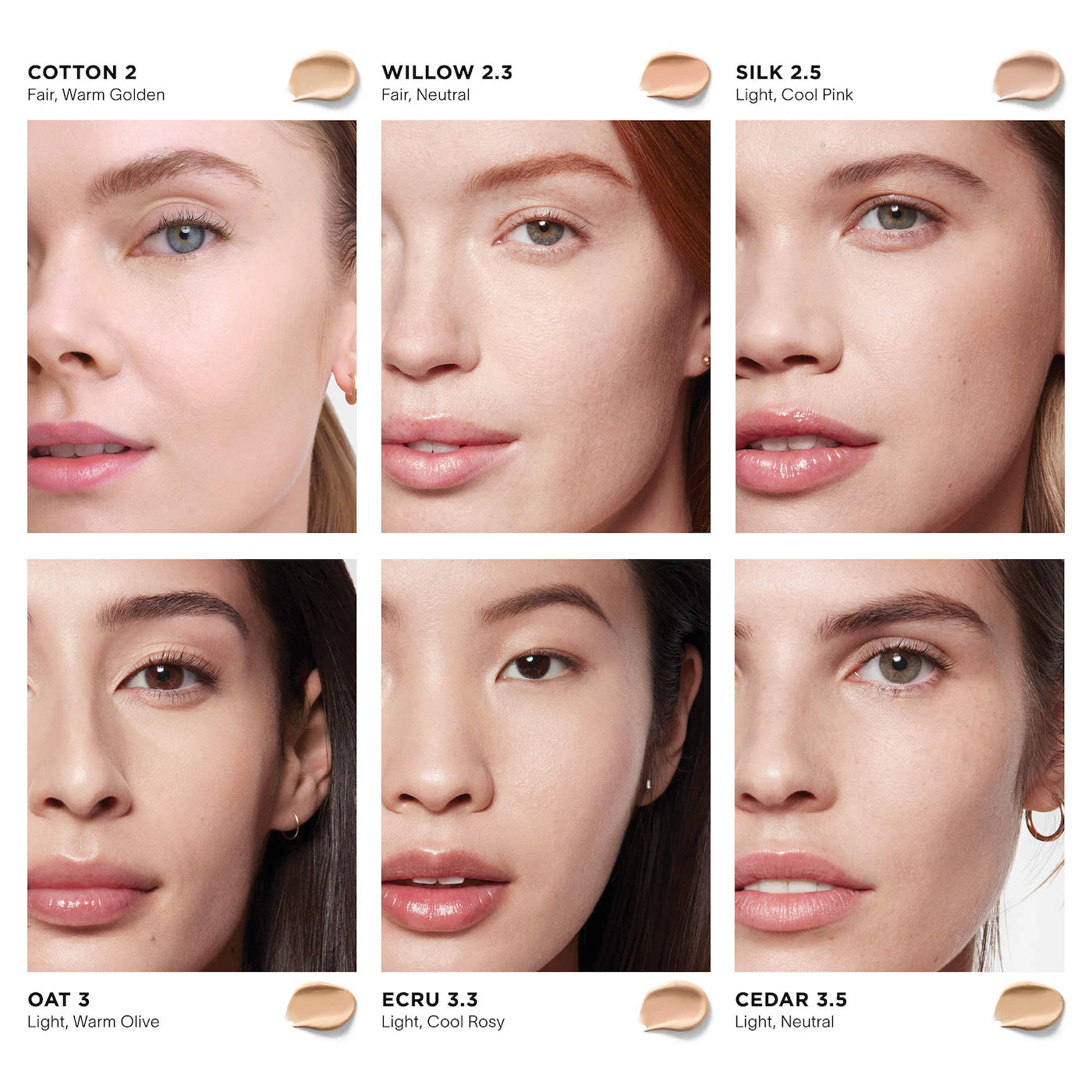 Hourglass Vanish Airbrush Concealer shade guide showing Cotton 2, Willow 2.3, Silk 2.5, Oat 3, Ecru 3.3, and Cedar 3.5