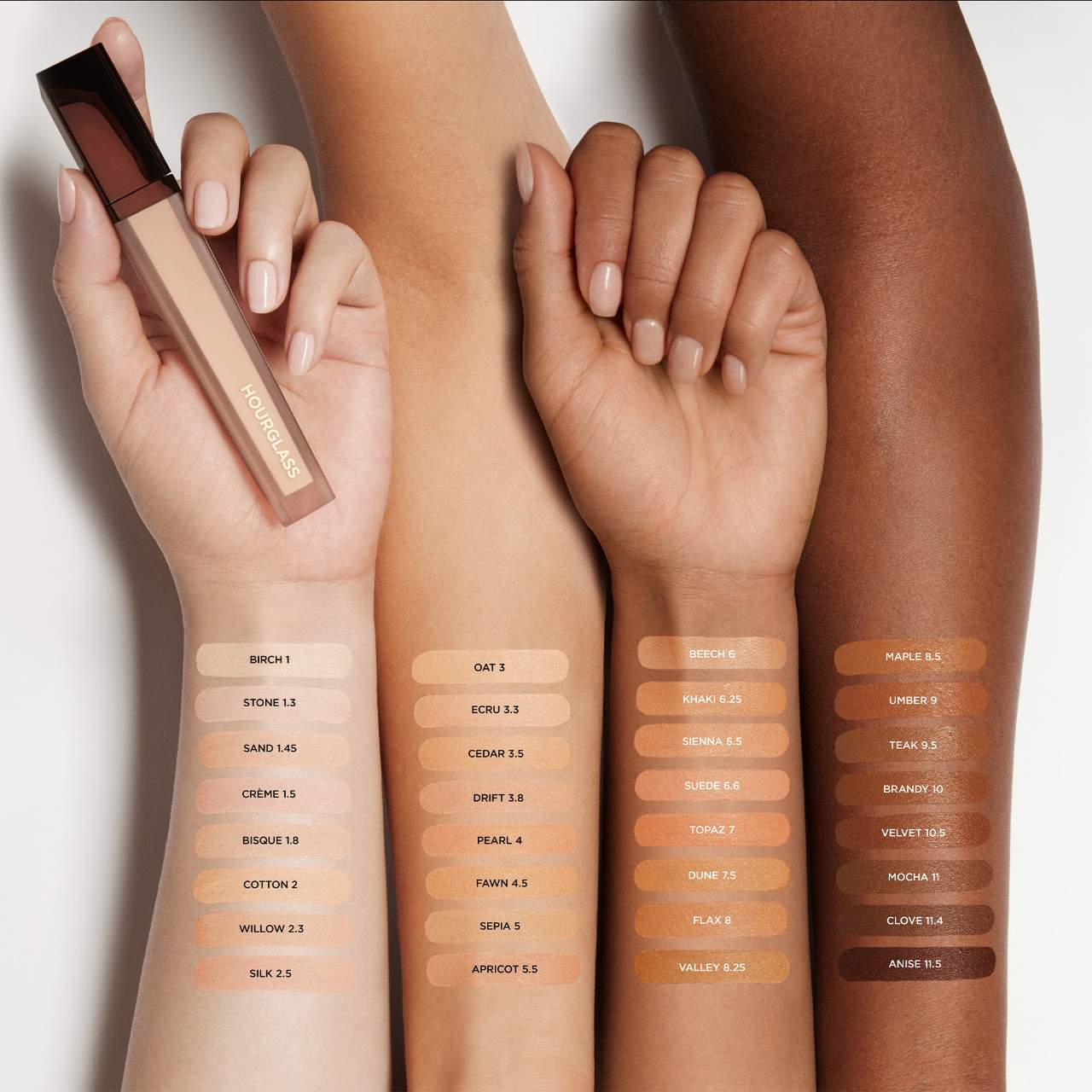 Hourglass Vanish Airbrush Concealer shade swatches on four arms with different skin tones