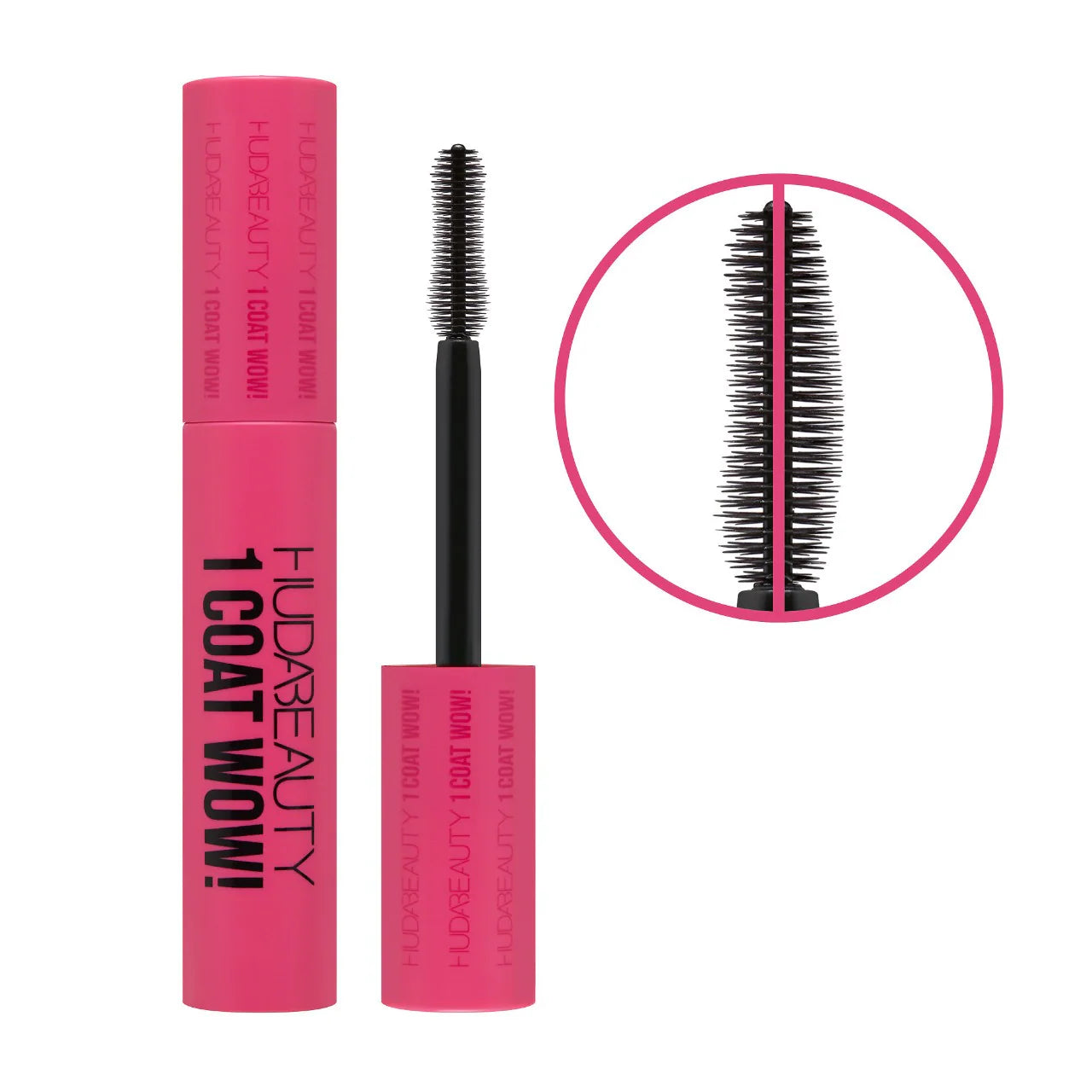 Huda Beauty 1 Coat WOW mascara tube and brush on white background