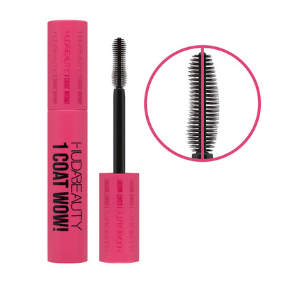 Huda Beauty 1 Coat WOW mascara tube and brush on white background