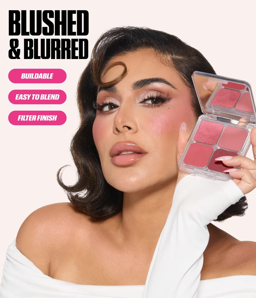 Huda Beauty Baby Pink Blush Filter Palette showing a buildable, blended soft-focus finish.