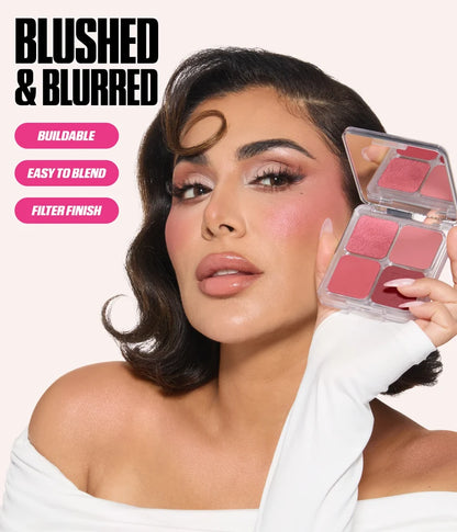 Huda Beauty Baby Pink Blush Filter Palette showing a buildable, blended soft-focus finish.
