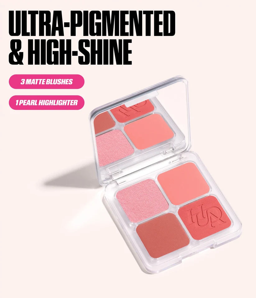 Huda Beauty Blush Filter Blurring Blushlighters Palette in Toasty Peach with four peach-toned shades.
