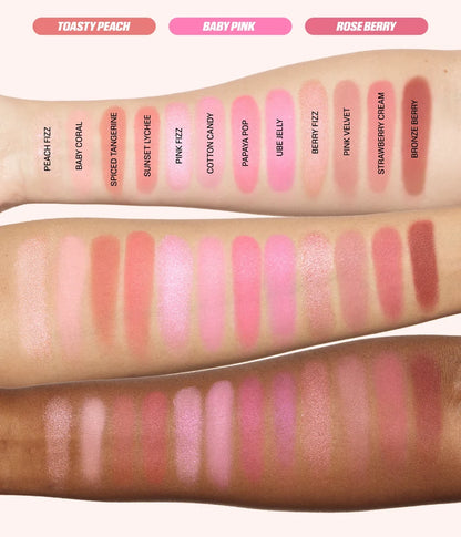 Huda Beauty Blush Filter Palette swatches in Toasty Peach, Baby Pink and Rose Berry on three skin tones.