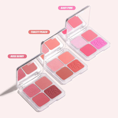 Huda Beauty Blush Filter Palettes in Rose Berry, Toasty Peach and Baby Pink shades.