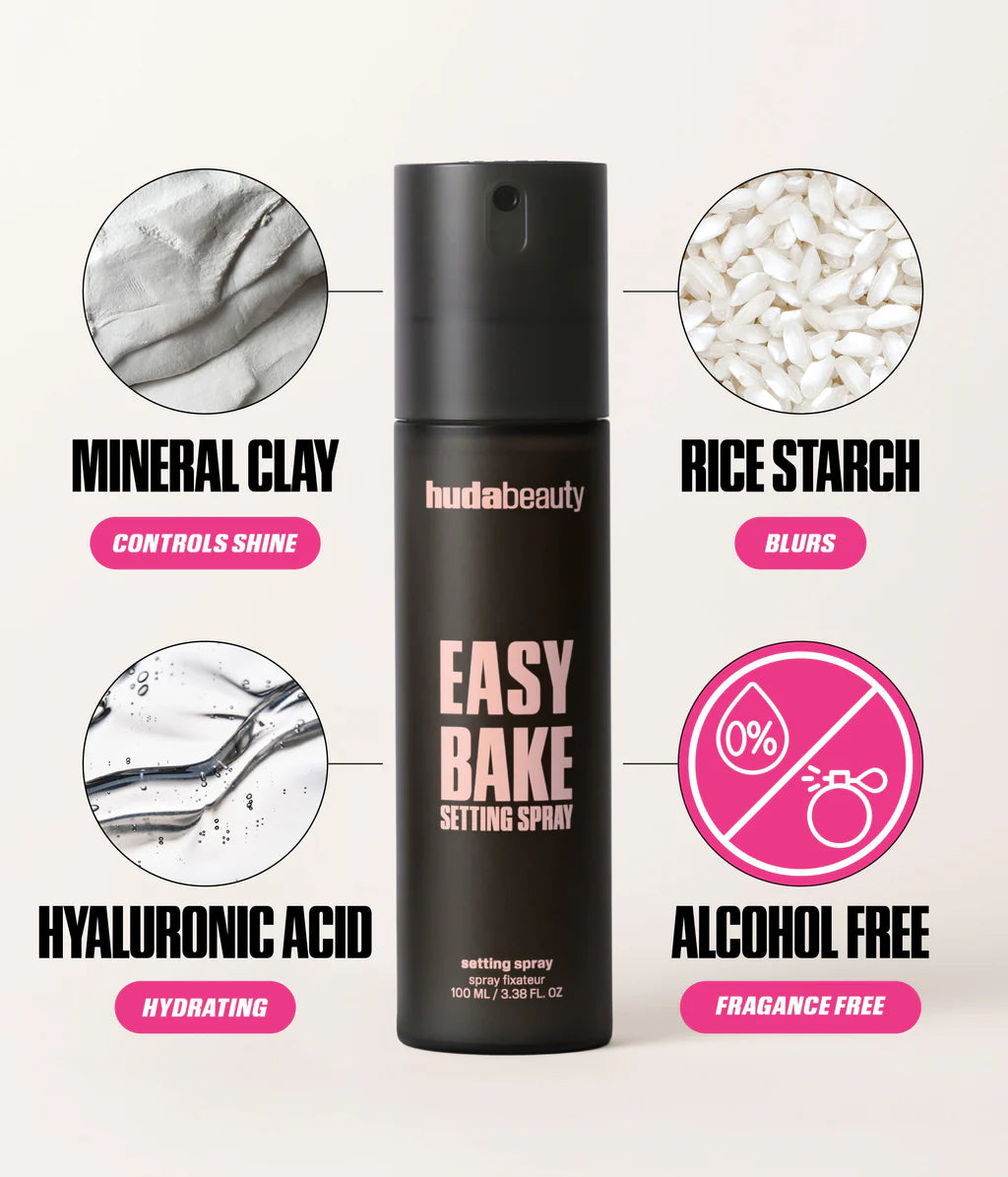 Huda Beauty Easy Bake Setting Spray ingredients mineral clay rice starch hyaluronic acid