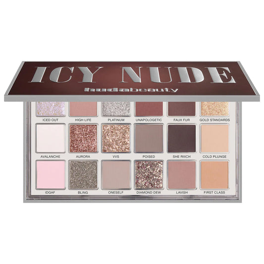 Huda Beauty Icy Nude Eyeshadow Palette open with shades visible