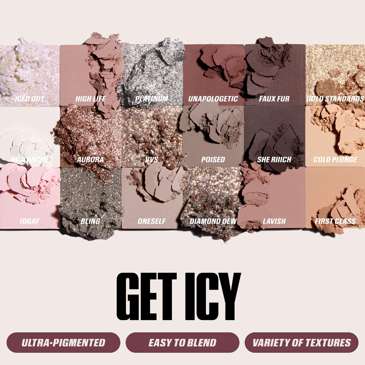 Huda Beauty Icy Nude Eyeshadow Palette shimmer and matte swatches