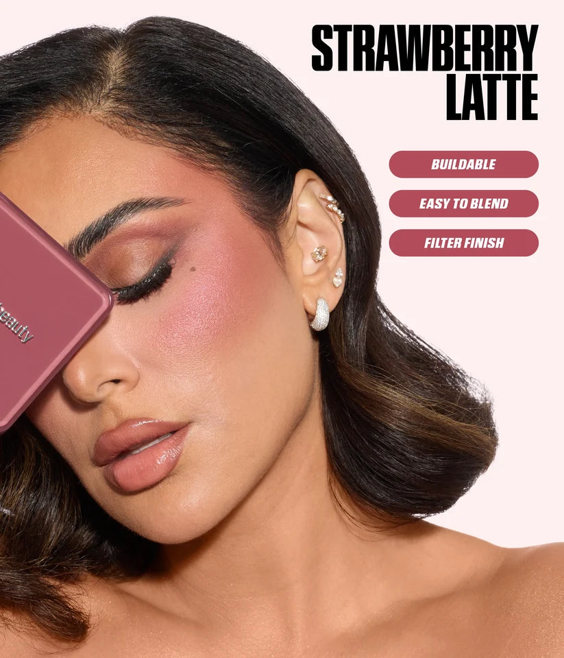 Huda Beauty Strawberry Latte Blush Filter Palette blended on the cheeks for a soft-focus radiant finish.
