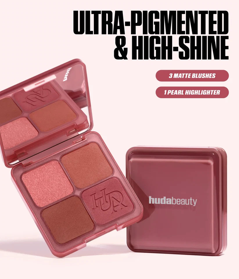 Huda Beauty Strawberry Latte Blush Filter Palette featuring three matte blushes and one pearl highlighter.