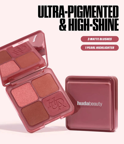 Huda Beauty Strawberry Latte Blush Filter Palette featuring three matte blushes and one pearl highlighter.