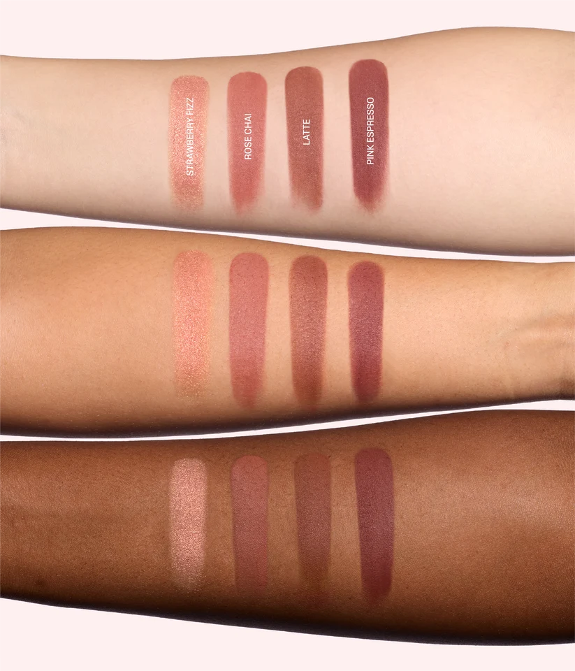 Huda Beauty Strawberry Latte Blush Filter Palette swatches on three different skin tones.