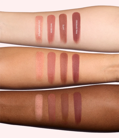Huda Beauty Strawberry Latte Blush Filter Palette swatches on three different skin tones.