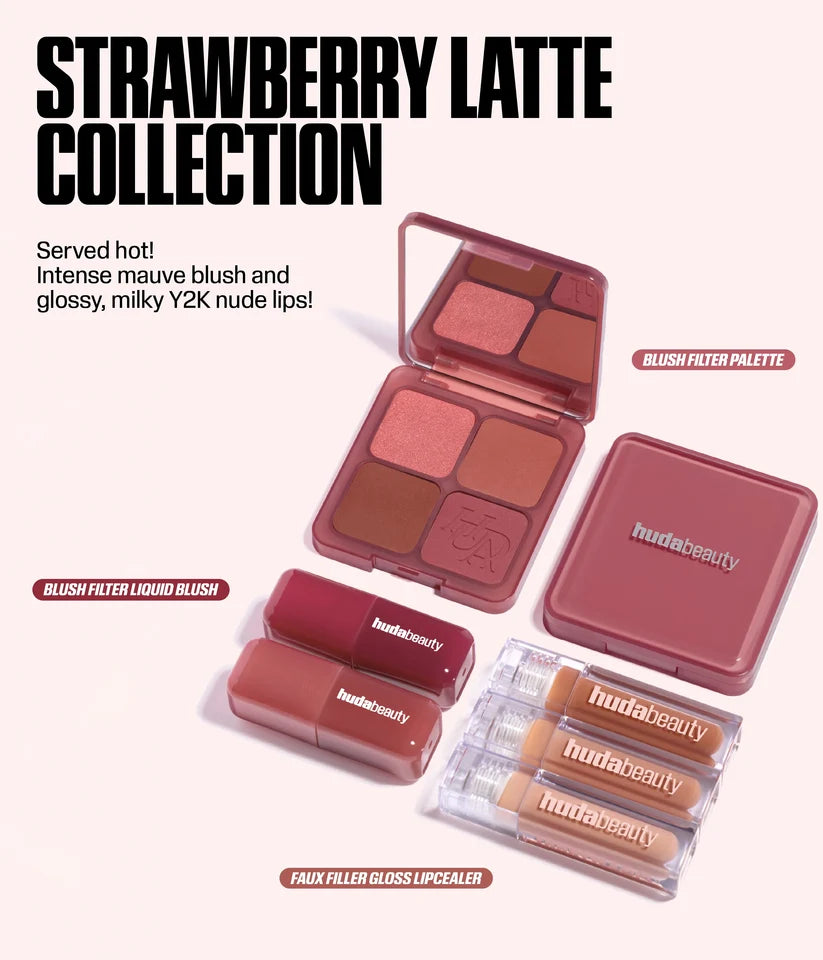 Huda Beauty Strawberry Latte Collection featuring the Blush Filter Palette, liquid blushes and lip products.