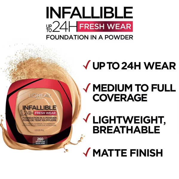 L'Oréal Infallible 24H Fresh Wear Foundation in a Powder graphic highlighting up to 24 hour wear, medium to full coverage, lightweight feel, and matte finish