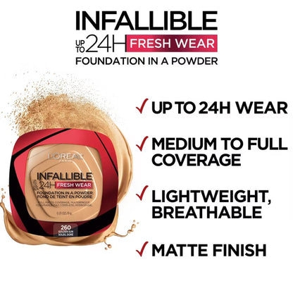 L'Oréal Infallible 24H Fresh Wear Foundation in a Powder graphic highlighting up to 24 hour wear, medium to full coverage, lightweight feel, and matte finish