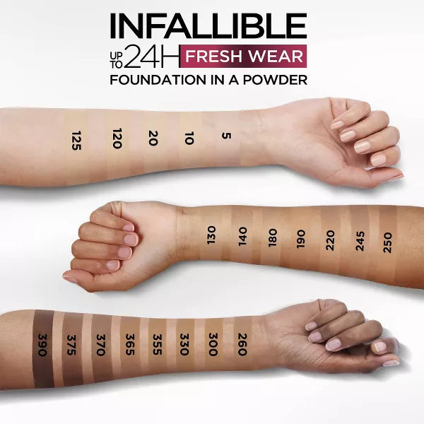 L'Oréal Infallible 24H Fresh Wear Foundation in a Powder shade guide with swatches on arms across different skin tones