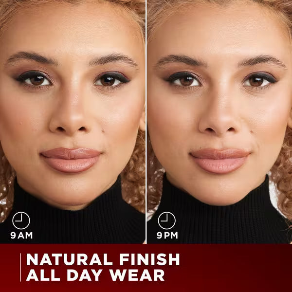 L'Oréal Infallible 3-Second Setting Mist 9 AM vs 9 PM natural makeup finish comparison.
