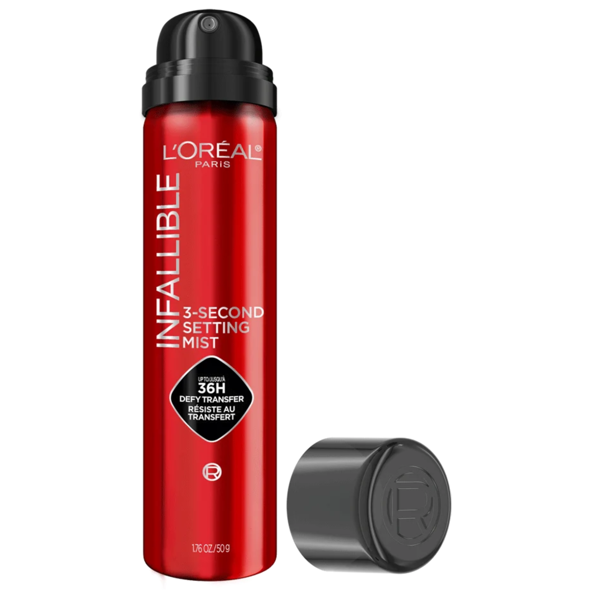 L'Oréal Infallible 3-Second Setting Mist red aerosol bottle and black cap in Jordan.