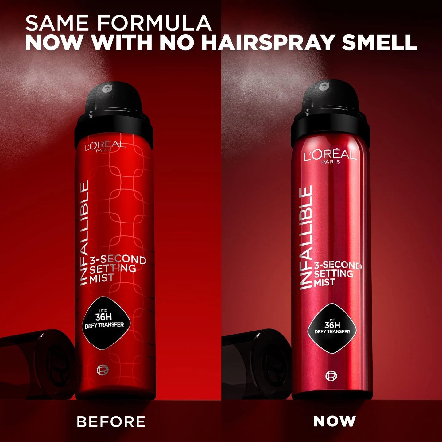 L'Oréal Infallible 3-Second Setting Mist updated packaging with no hairspray smell.