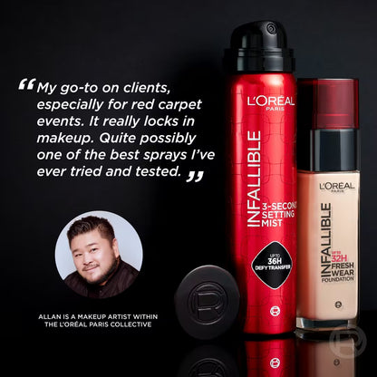 L'Oréal Infallible 3-Second Setting Mist with Fresh Wear Foundation and makeup artist recommendation.