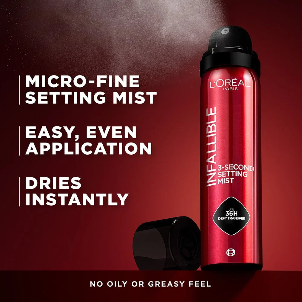 L'Oréal Infallible 3-Second Setting Mist with microfine spray and instant-drying formula.