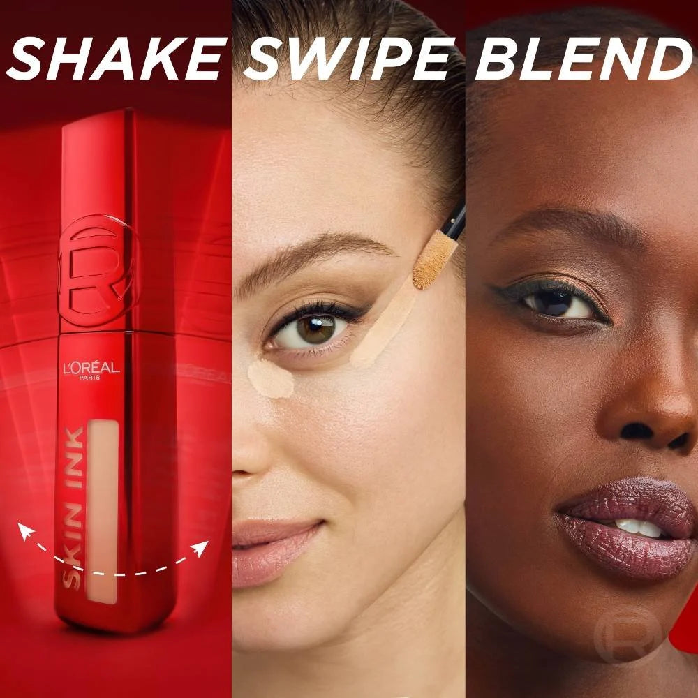 L'Oréal Infallible Skin Ink application steps showing shake, swipe and blend.