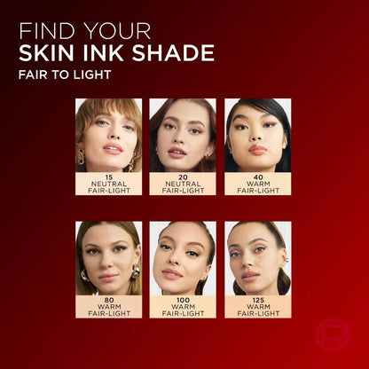 L'Oréal Infallible Skin Ink fair-to-light shade guide from 15 Neutral to 125 Warm.