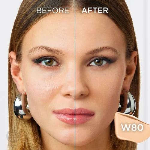 L'Oréal Infallible Skin Ink shade W80 before-and-after foundation coverage results.