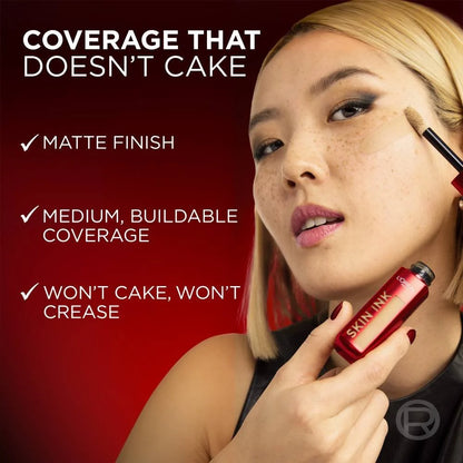 L'Oréal Infallible Skin Ink showing medium buildable coverage with a soft-matte finish.