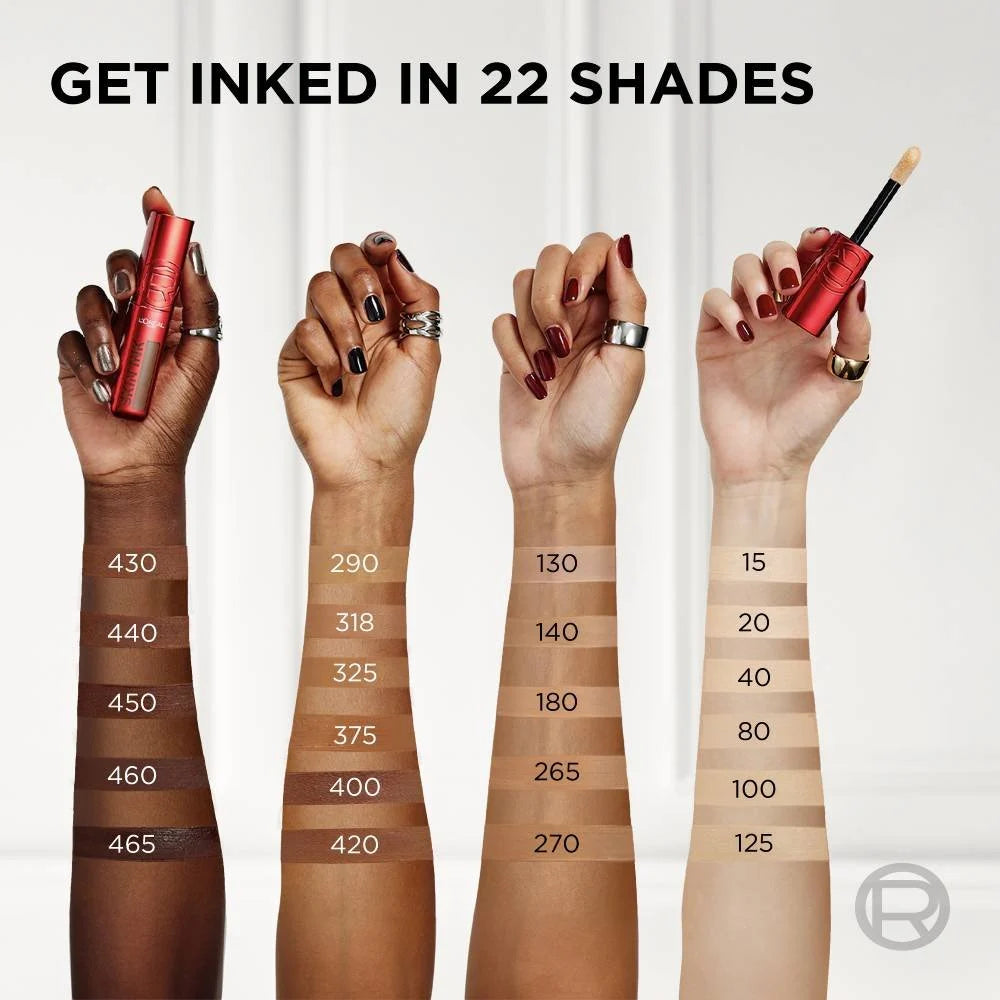 L'Oréal Infallible Skin Ink swatches showing all 22 foundation concealer shades.