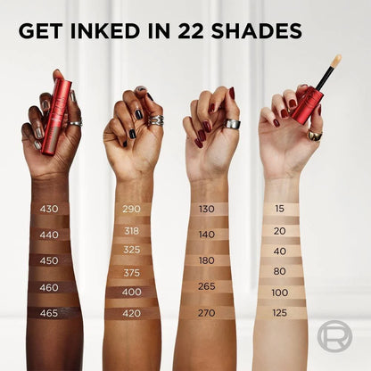 L'Oréal Infallible Skin Ink swatches showing all 22 foundation concealer shades.