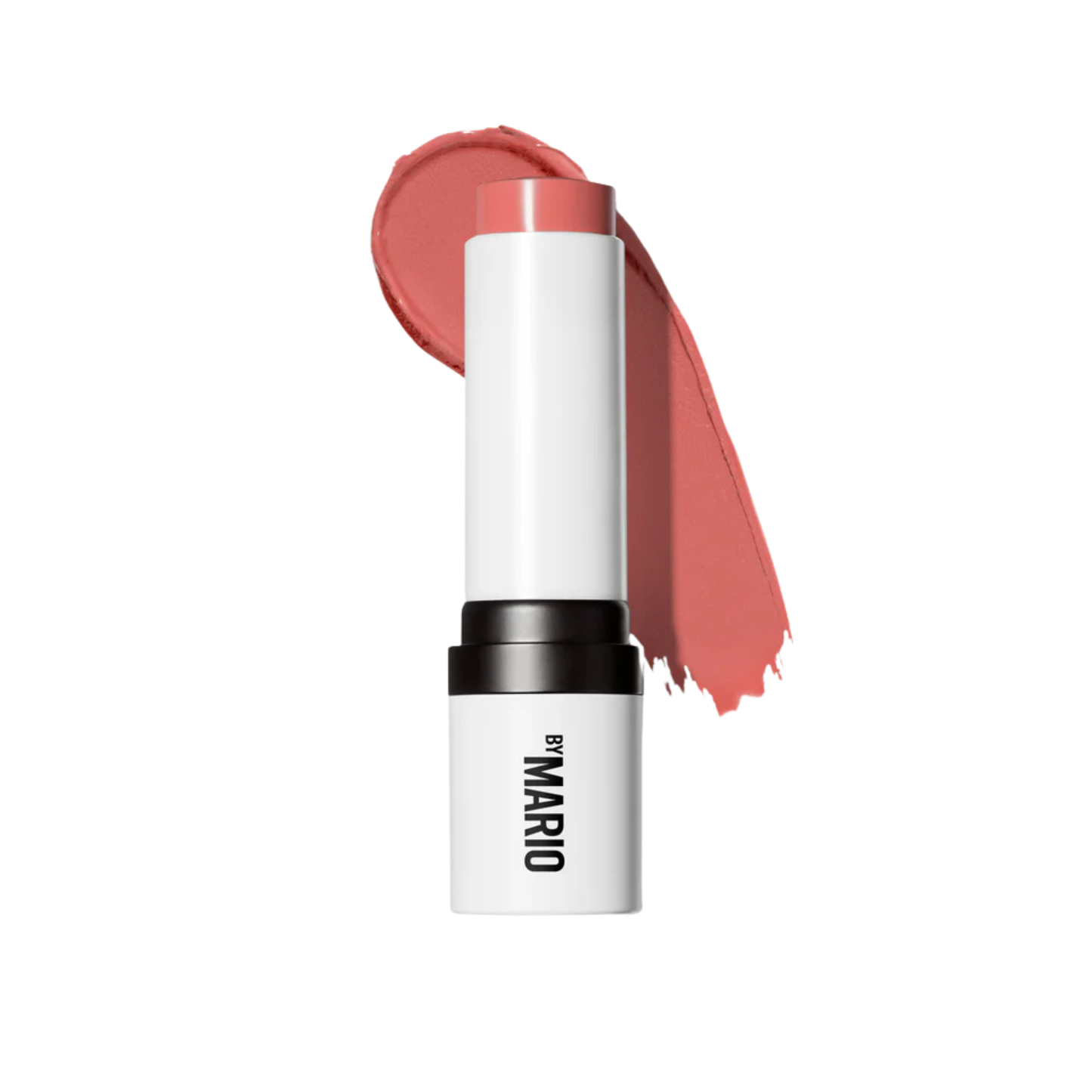 Lipstick with pink shade and 'By Mario' branding on a white background