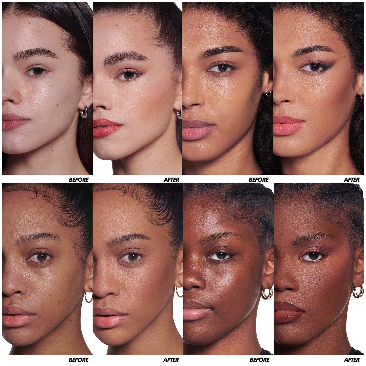 MAKE UP FOR EVER HD Skin Face Essentials Palette before and after application on different skin tones