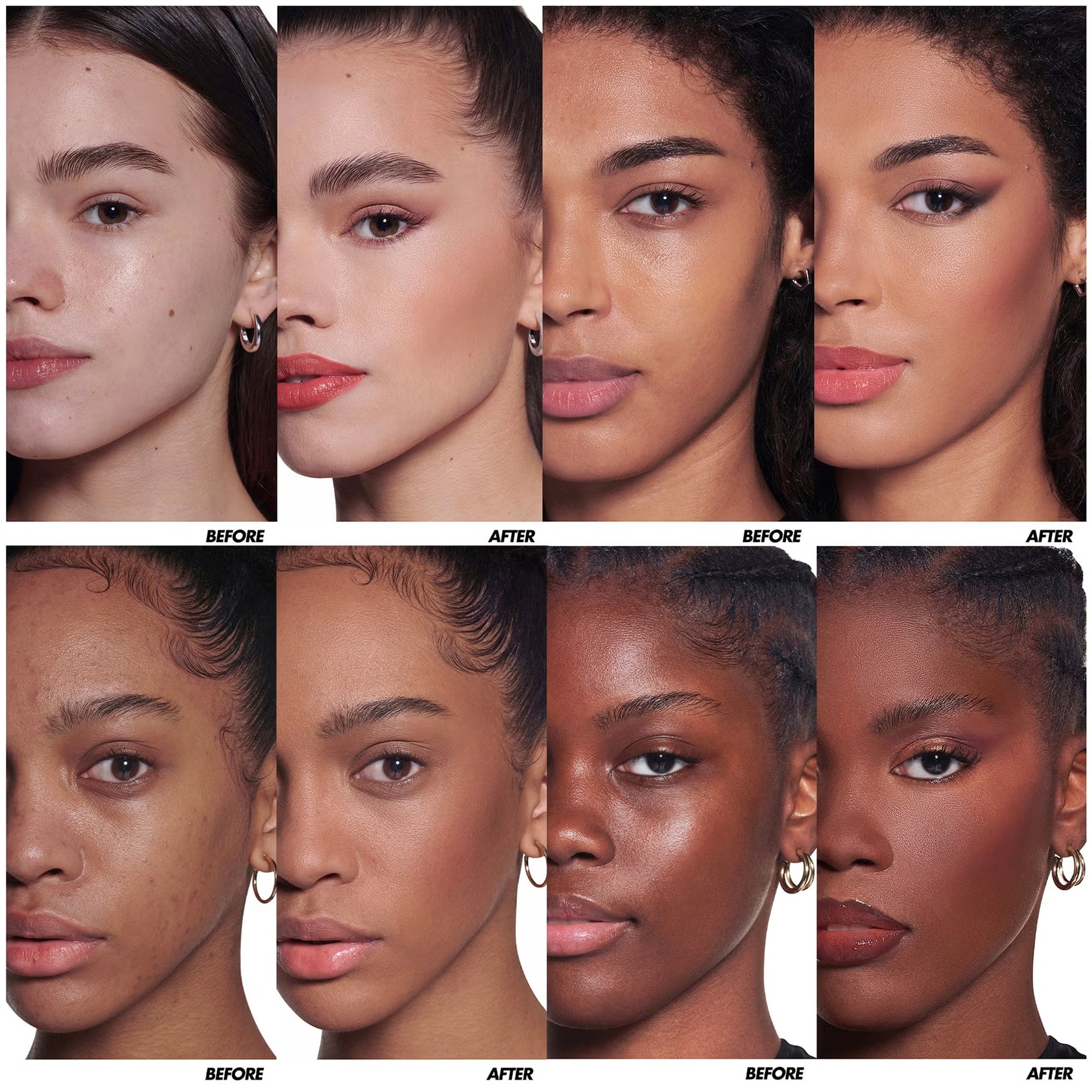 MAKE UP FOR EVER HD Skin Face Essentials Palette before and after application on different skin tones