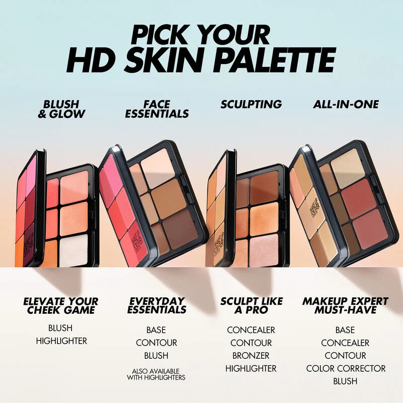 MAKE UP FOR EVER HD Skin Palette guide showing blush and glow, face essentials, sculpting, and all-in-one palette options