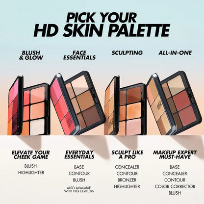 MAKE UP FOR EVER HD Skin Palette guide showing blush and glow, face essentials, sculpting, and all-in-one palette options