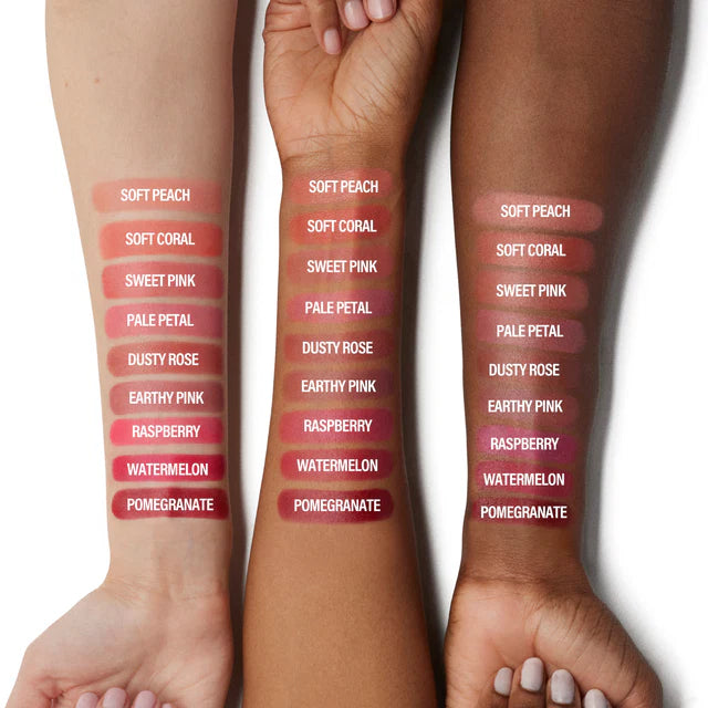Makeup By Mario Soft Pop Blush Stick shade swatches on different skin tones