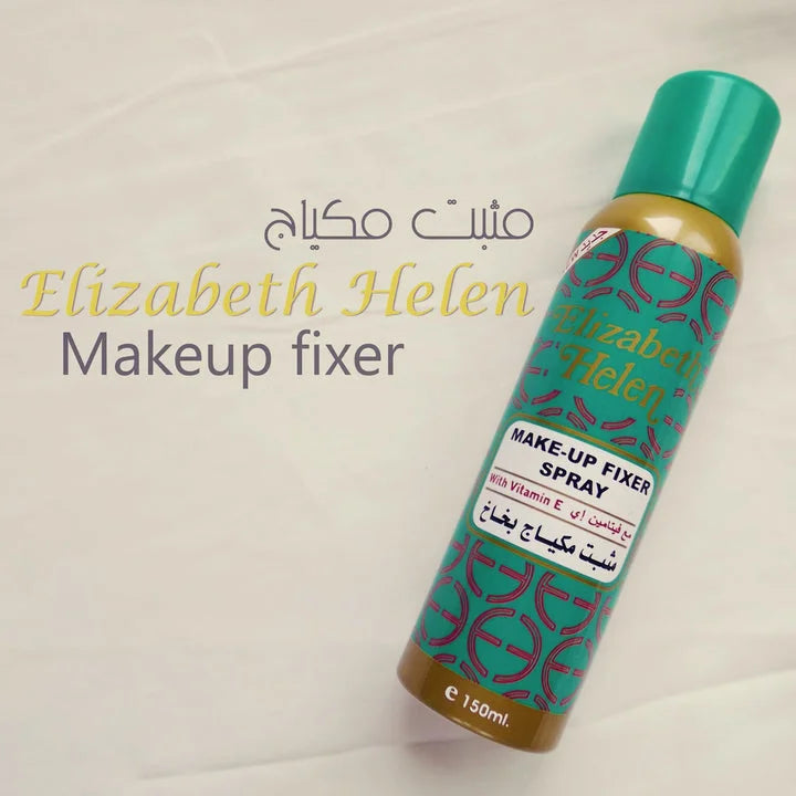 Makeup fixer spray bottle with 'Elizabeth Helen' branding on a light background