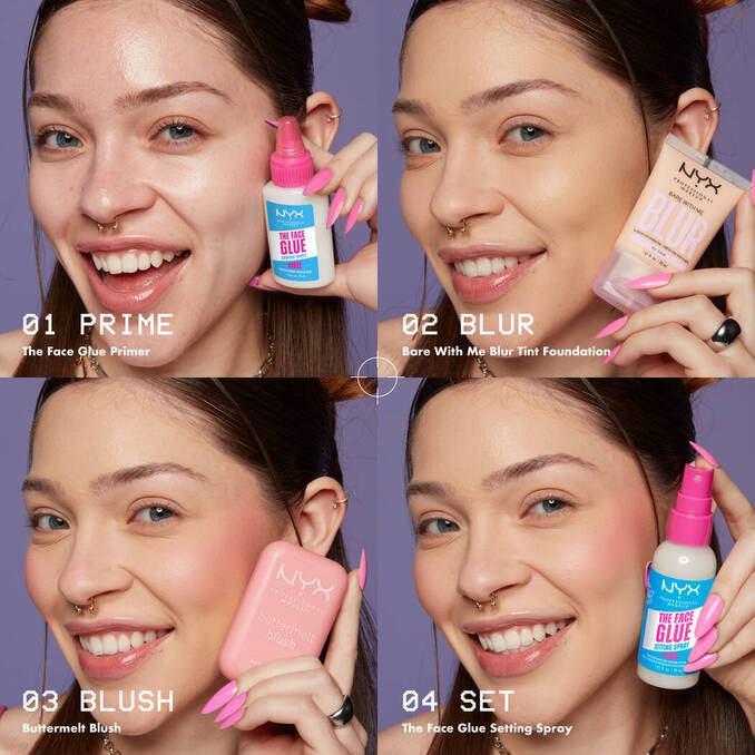 Makeup routine steps using NYX The Face Glue primer and spray
