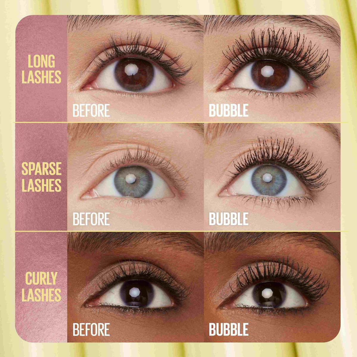 Maybelline Colossal Bubble Mascara before-and-after results on long, sparse and curly lashes.